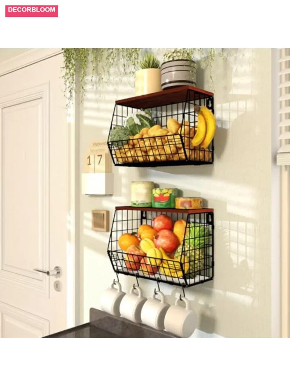 2pc Stacking Fruit Basket Carbon Steel Wood Lid Kitchen Organizer